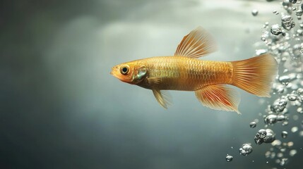 Fototapeta premium Single golden fish swimming in aquarium with bubbles.