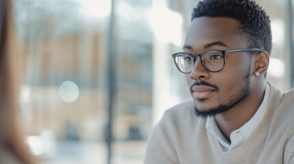 Obraz premium Young businessman wearing glasses is listening during a meeting in the office