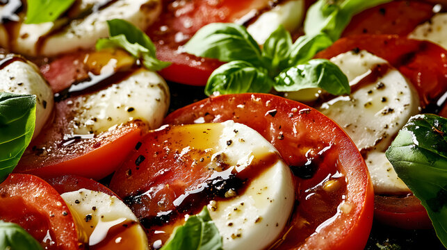 A fresh Caprese salad with thick slices of ripe tomatoes, mozzarella, and basil leaves, drizzled with olive oil and balsamic v