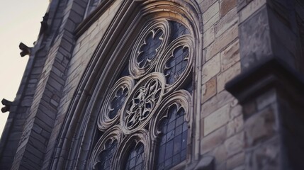 Ornate stone church window detail, gothic architecture.