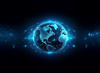 Fototapeta premium A glowing digital Earth, encased in a network of interconnected nodes, pulses with vibrant blue light against a dark backdrop. The image suggests global connectivity and technological advancement.