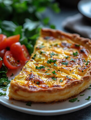 Freshly Baked Quiche on Wooden Table, Golden-Brown Crust, Herb Garnish, White Plate, Blurred Tomato and Basil in Background, for Commercial Use