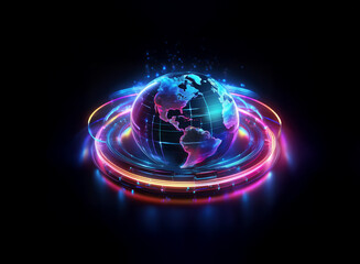 A glowing, digital Earth hovers within vibrant, swirling rings of light, representing global connectivity and technological advancement.