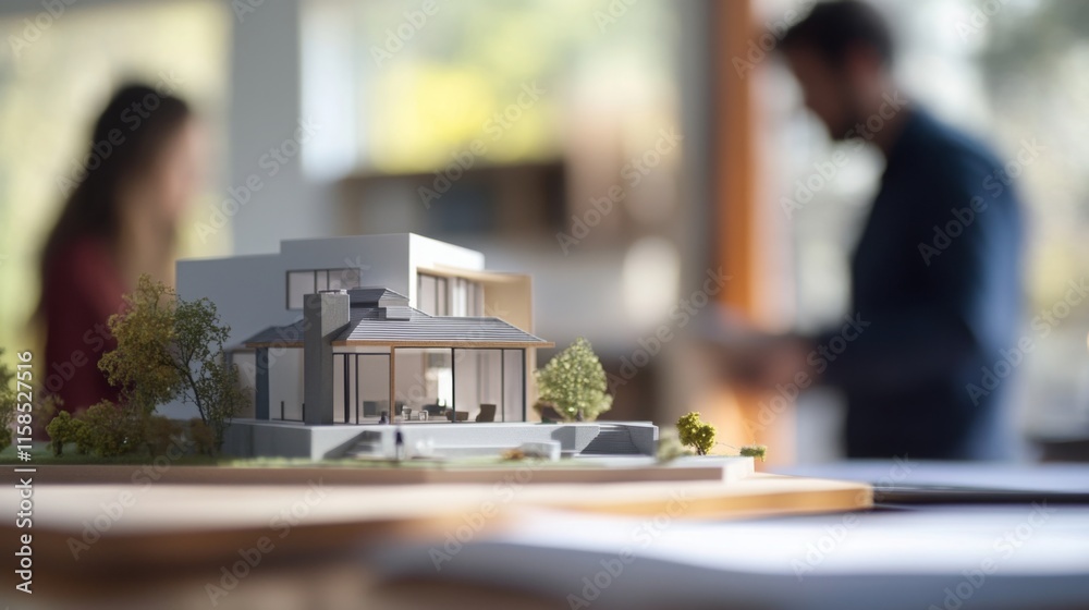Aufkleber a detailed architectural model of a modern house is shown in a real estate office. two professionals
