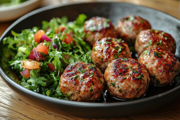 Six Meatballs with Sauce and Salad on Wooden Table, Warm Indoor Setting for Culinary Content