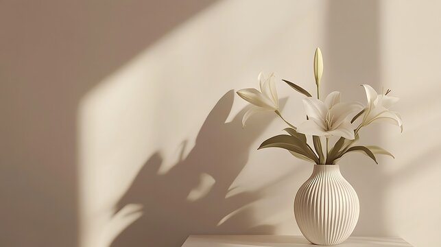 Fototapeta White lilies in a minimalist vase cast shadows on a beige wall.
