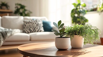 Fototapeta premium Potted plants decorating modern living room with sofa in background