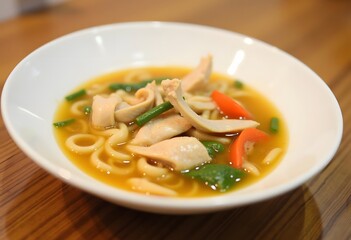 Asian soup noodles and chicken in bowl