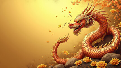 Obraz premium Majestic Golden Dragon, Autumn Flowers - Mythological Creatures