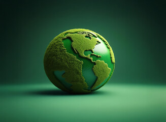 Fototapeta premium A lush green globe, textured like moss, sits on a matching surface. The continents are subtly defined, conveying a message of environmental preservation.