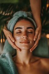 Woman receiving a facial treatment, relaxing with eyes closed, face mask applied.