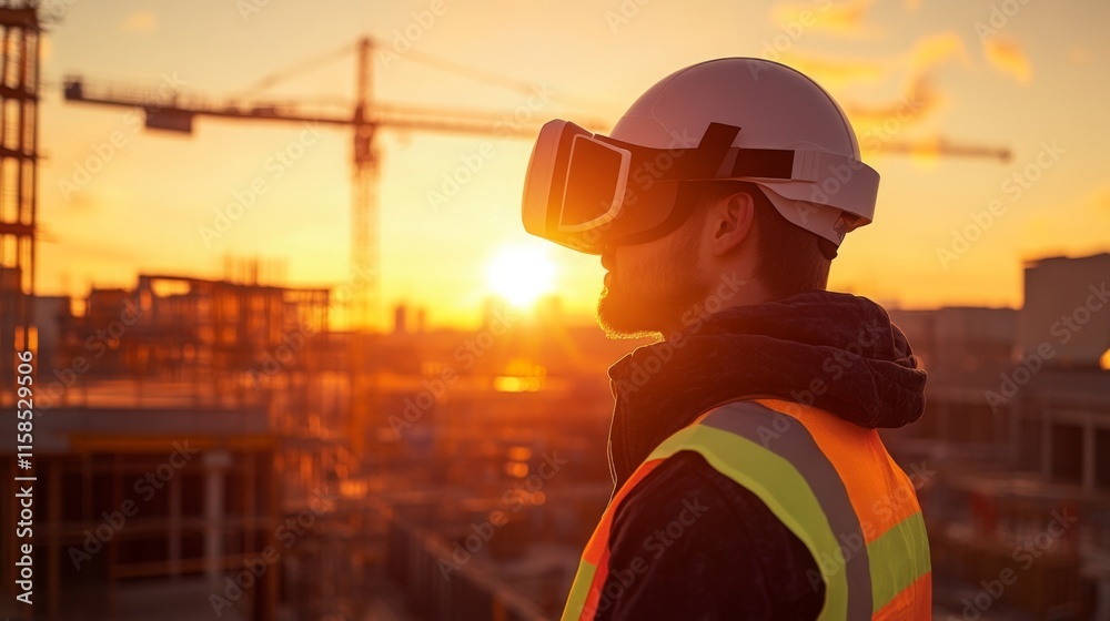 Aufkleber construction worker utilizes virtual reality glasses to visualize real estate plans as the sun sets.