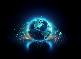 Fototapeta premium A glowing, digital Earth encircled by vibrant energy streams, suggesting global connectivity and technological advancement. The dark background enhances the luminescence.