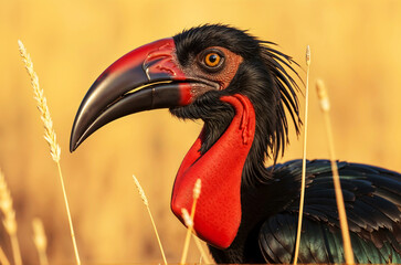 Obraz premium A bird with a red beak and a red head is standing in tall grass