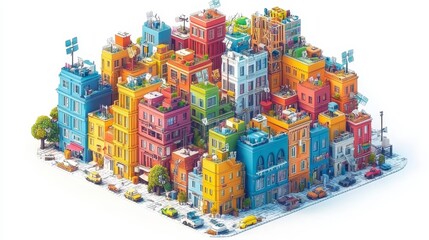 Obraz premium A vibrant, colorful cityscape filled with uniquely styled buildings, trees, and cars, showcasing a playful urban design.