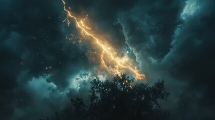 Dramatic Lightning Strike Illuminating Dark Stormy Clouds at Night