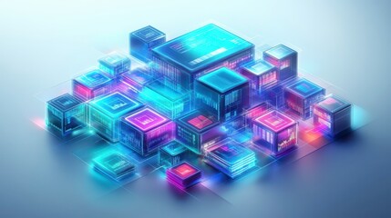Fototapeta premium A vibrant, futuristic arrangement of glowing, transparent cubes in various colors, creating a digital or abstract landscape.