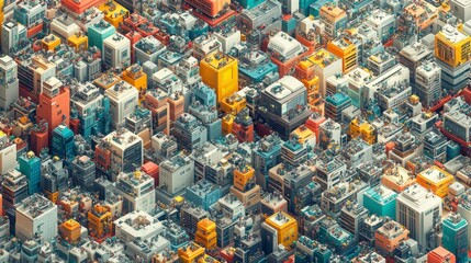A vibrant aerial view of a densely packed urban landscape, showcasing a mosaic of colorful buildings and rooftops.