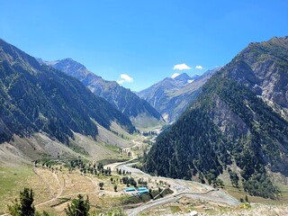 Scenic Serene Kashmir Valley View with Majestic Mountains and Clear Blue Sky , " Pristine Himalayan Landscape "&ndash; Nature Landscape Photography