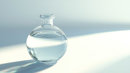 Clear glass bottle half-filled with water on white background.
