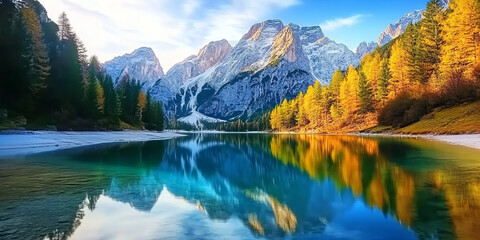 Obraz premium Breathtaking autumn mountain lake with crystal-clear water, vibrant foliage reflections, and serene forest surroundings perfect for travel, adventure, and nature-themed projects