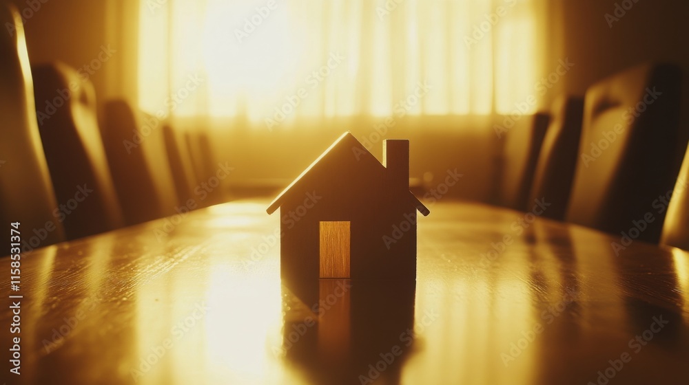 Poster a wooden house model is centered on a polished table in a bright conference room. sunlight streams t
