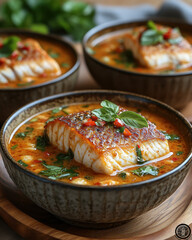 Fish Stew with Herbs and Chilies in Black Bowls, Served on Wooden Platters Indoors