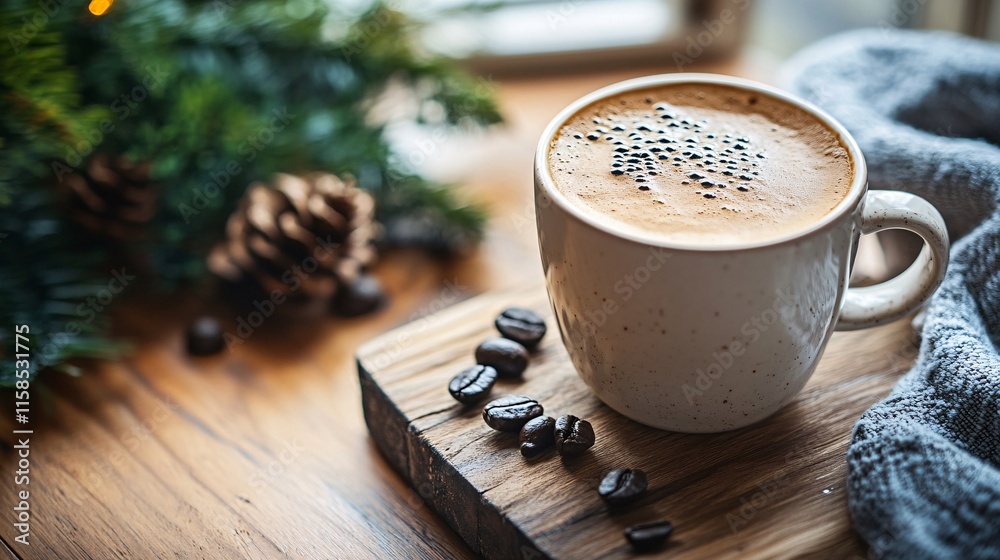 Wall mural Steaming cup of coffee warming up a cozy christmas morning