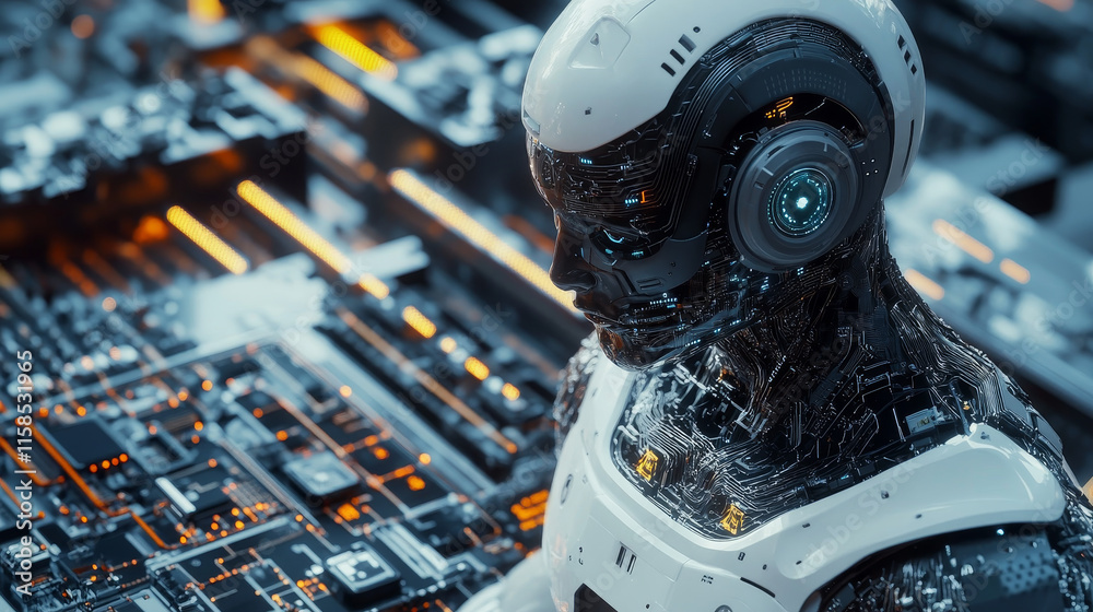 Poster abstract artificial intelligence on atomic and technology background with computer systems circuit b