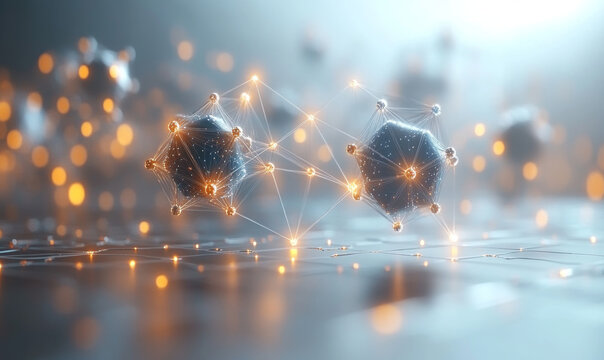 A neural network visualization showing quantum algorithms as luminous, interconnected geometric shapes floating in a dark technological space