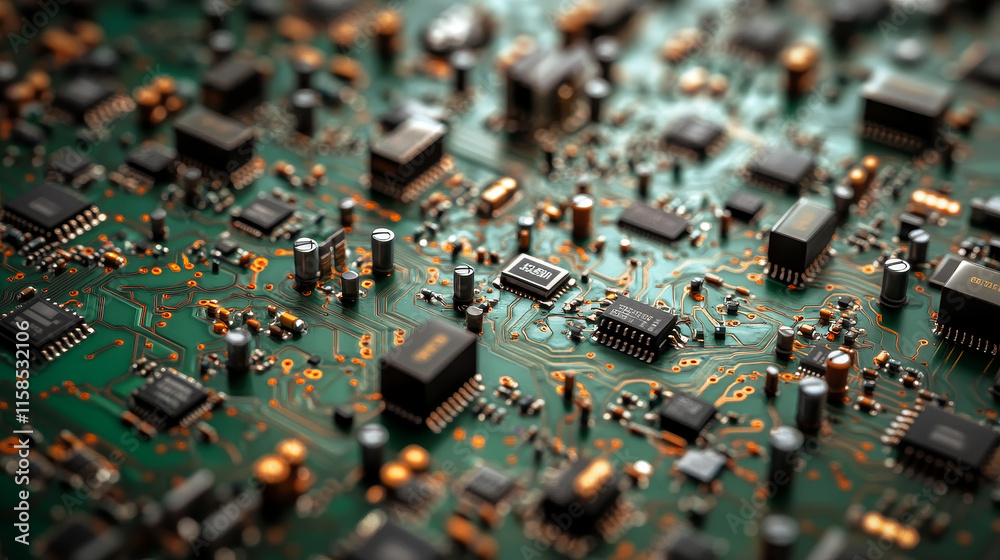 Poster abstract artificial intelligence on atomic and technology background with computer systems circuit b