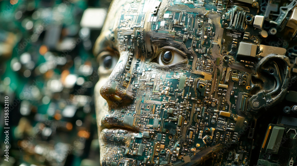 Poster abstract artificial intelligence on atomic and technology background with computer systems circuit b
