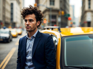 A man in a suit stands next to a yellow taxi cab