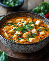 Fish Soup, Herbed Broth, Wooden Surface in Meal Setting, for Culinary Marketing