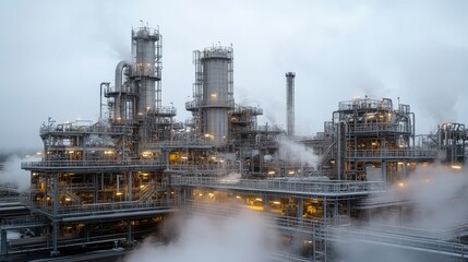 Obraz premium A large industrial complex with smokestacks and infrastructure, surrounded by steam, indicative of a refinery or chemical processing facility.