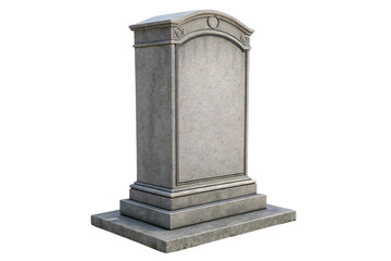 A gray stone monument with intricate details, including a rounded top and decorative carvings. The solid, rectangular base emphasizes durability and timelessness, isolated on a transparent background