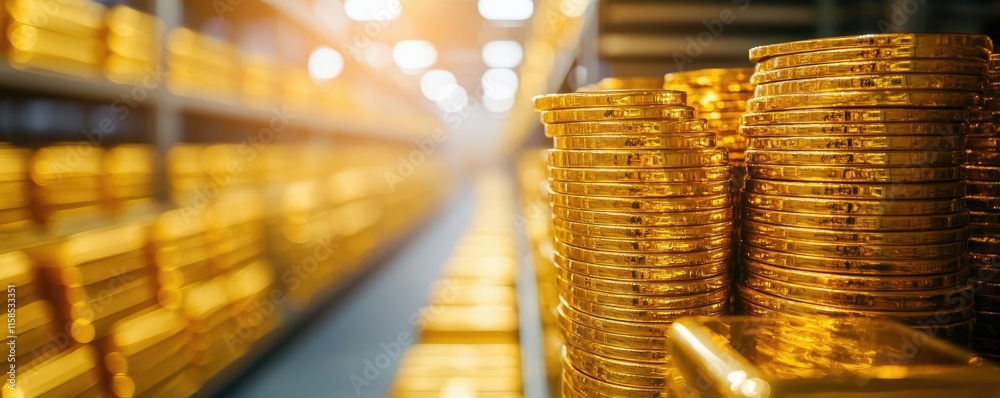 Poster wealth gold concept. stacks of gold bars illuminated in a secure storage facility showcasing wealth 