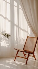 Wooden Chair Sunlight Sheer Curtains Minimalist Room