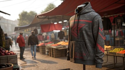 Fototapeta premium Rugged charcoal hoodie displayed at a vibrant market