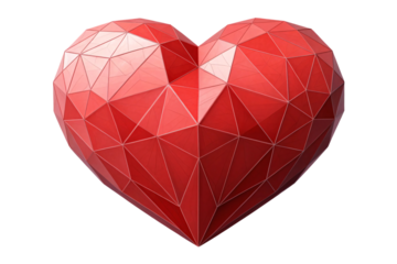 A red geometric heart with a vibrant and bold appearance, symbolizing passion and strong emotions through angular shapes and symmetry, isolated on a transparent background