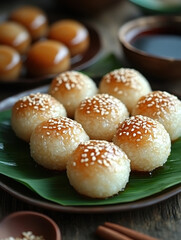Golden-Brown Sesame Seed Buns, Food Arrangement on Wooden Table, for Culinary Theme or Menu