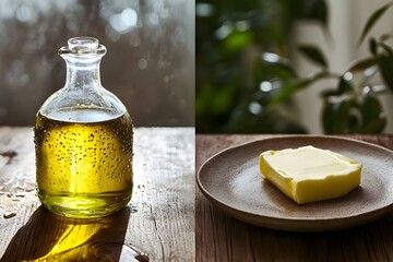 Close-up of a wooden table: on the left, a glass bottle of olive oil with condensation; on the right, a plate of creamy butter in soft light, illustrating the healthy living by eating healthy food