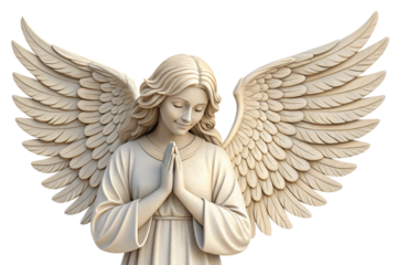A serene angel statue with detailed wings, hands in prayer, and a peaceful expression, radiating calm and spiritual grace, isolated on a transparent background