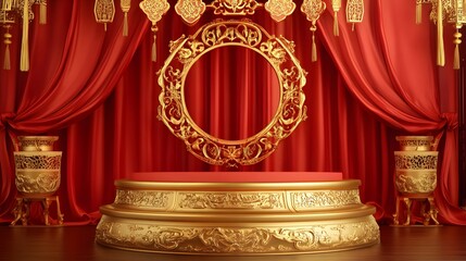 A golden podium with ornate details, placed against a backdrop of red drapery and Chinese symbols, with an empty space for product display