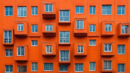 Naklejka premium Vibrant tall orange building with grid pattern windows in concrete material, viewed from low angle. Bright colors evident.