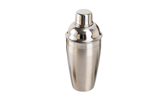 Sleek stainless steel cocktail shaker with a mirror-polished surface, ergonomically shaped for professional mixing and home bar aesthetics, isolated on a transparent background