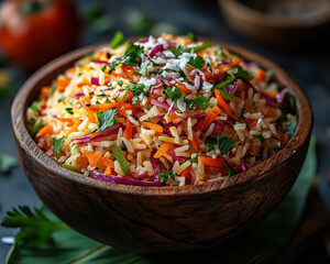 Orange Rice with Colorful Vegetables, Herbs Garnish, Wooden Bowl on Dark Surface - Stock Photography for Healthy Meals, Home Cooking, or Asian Cuisine
