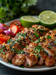 Grilled Chicken or Lamb Chops, Fresh Herbs & Seeds, White Plate on Dark Grill Background for Food Advertisement