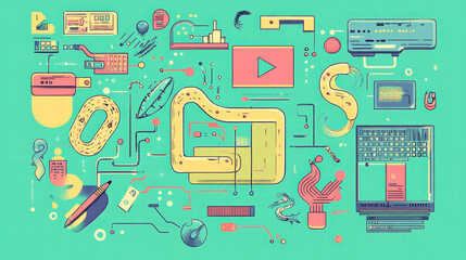 vibrant conceptual illustration of software development featuring coding elements, graphs, and digital tools. This design captures essence of programming and technology