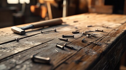 Craftsmanship Tools Lying on a Wooden Table in a Workshop Setting